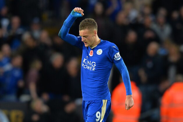 LEICESTER, ENGLAND - NOVEMBER 07:  Jamie Vardy of Leicester City celebrates scoring his team's second goal during the Barclays Premier League match between Leicester City and Watford at The King Power Stadium on November 7, 2015 in Leicester, England.  (Photo by Tony Marshall/Getty Images)