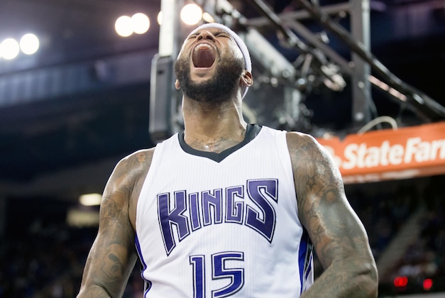Nov 11, 2015; Sacramento, CA, USA; Sacramento Kings forward DeMarcus Cousins (15) reacts after a play against the Detroit Pistons during the fourth quarter at Sleep Train Arena. The Sacramento Kings defeated the Detroit Pistons 101-92. Mandatory Credit: Kelley L Cox-USA TODAY Sports