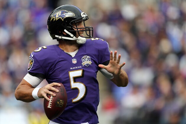 BALTIMORE, MD - NOVEMBER 1: Quarterback Joe Flacco #5 of the Baltimore Ravens throws the ball in the first quarter of a game against the San Diego Chargers at M&T Bank Stadium on November 1, 2015 in Baltimore, Maryland. (Photo by Matt Hazlett/Getty Images)