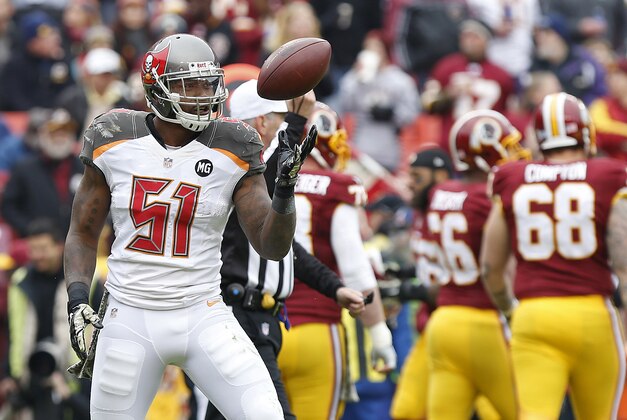Nov 16, 2014; Landover, MD, USA; Tampa Bay Buccaneers outside linebacker Danny Lansanah (51) celebrates after recovering a fumble against the Washington Redskins in the first quarter at FedEx Field. Mandatory Credit: Geoff Burke-USA TODAY Sports