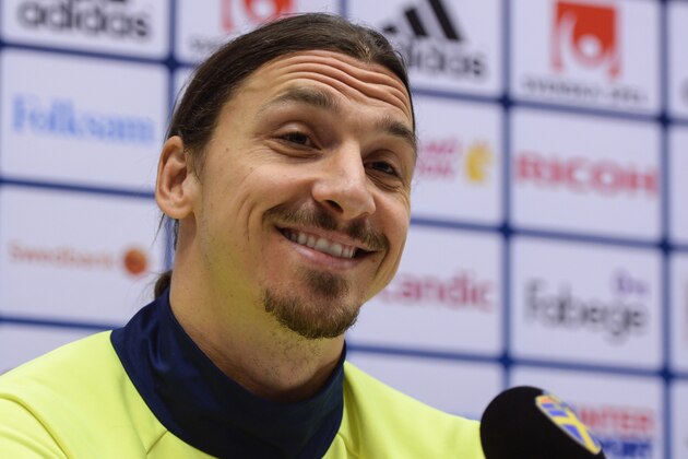 Sweden's forward Zlatan Ibrahimovic smiles during a presser ahead of the Euro 2016 play-off match Sweden vs Denmark in Stockholm, Sweden, November 12, 2015. Sweden will play against Denmark in the Euro 2016 play-off in Stockholm on November 14 and in Copenhagen on November 17.    AFP PHOTO / TT NEWS AGENCY / ANDERS WIKLUND +++ SWEDEN OUT +++        (Photo credit should read ANDERS WIKLUND/AFP/Getty Images)