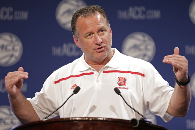 North Carolina State NCAA college basketball coach Mark Gottfried answers a question during the Atlantic Coast Conference men's media day in Charlotte, N.C., Wednesday, Oct. 28, 2015. (AP Photo/Chuck Burton)