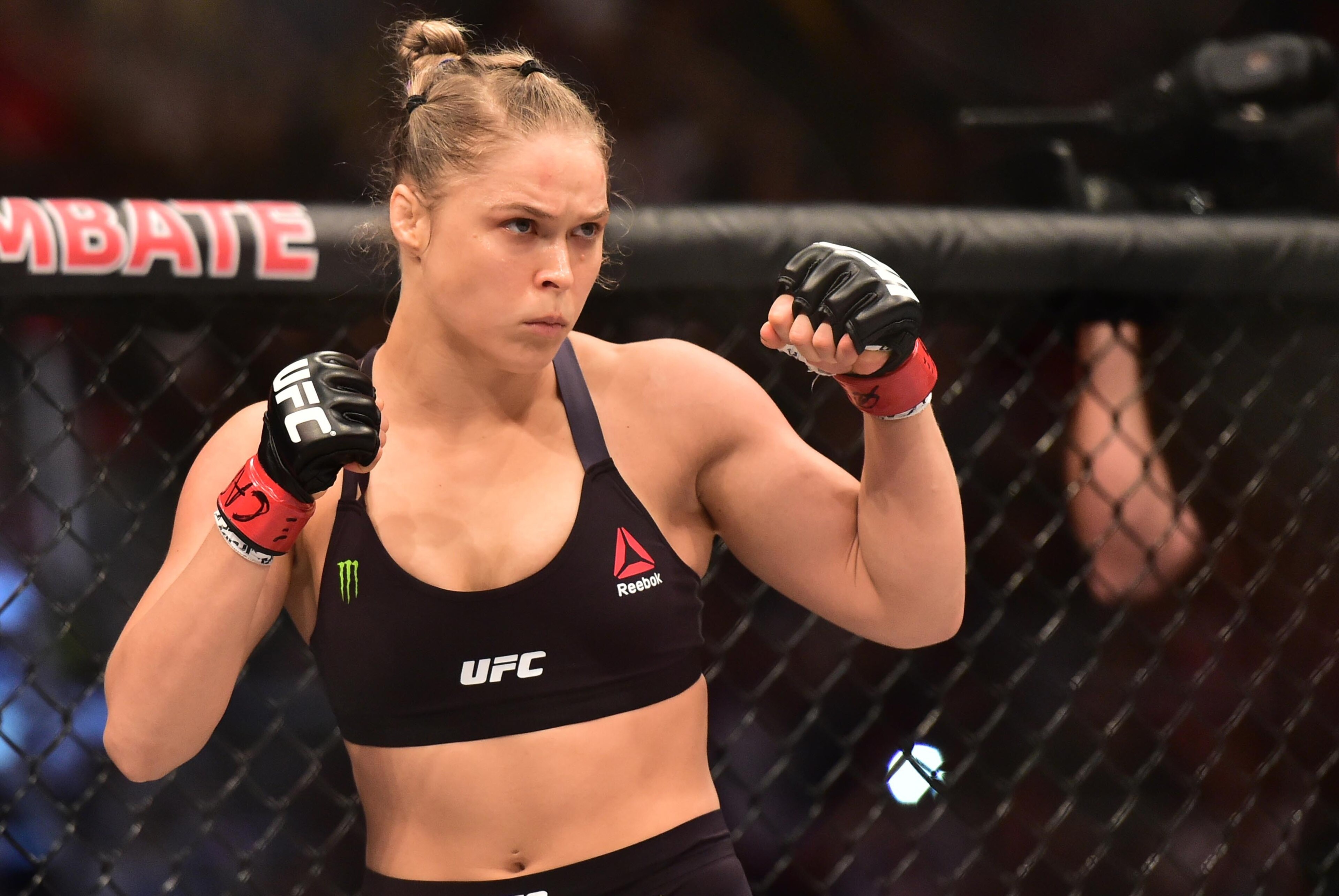 Aug 1, 2015; Rio de Janeiro, RJ, Brazil; Ronda Rousey (red gloves) looks on prior to her fight against Bethe Correia (not pictured) during UFC 190 at HSBC Arena. Mandatory Credit: Jason Silva-USA TODAY Sports