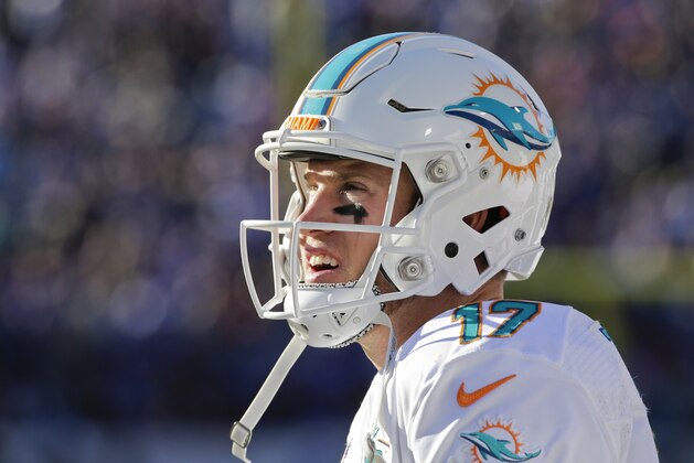 Miami Dolphins quarterback Ryan Tannehill (17) reacts during the second half of an NFL football game against the Buffalo Bills Sunday, Nov. 8, 2015, in Orchard Park, N.Y. (AP Photo/Bill Wippert)