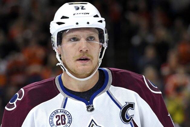 Nov 10, 2015; Philadelphia, PA, USA; Colorado Avalanche left wing Gabriel Landeskog (92) against the Philadelphia Flyers during the first  period at Wells Fargo Center. The Avalanche defeated the Flyers, 4-0. Mandatory Credit: Eric Hartline-USA TODAY Sports