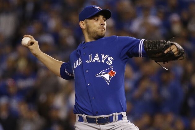 Toronto Blue Jays starting pitcher Marco Estrada throws against the Kansas City Royals during the fourth inning in Game 1 of baseball's American League Championship Series on Friday, Oct. 16, 2015, in Kansas City, Mo. (AP Photo/Matt Slocum)