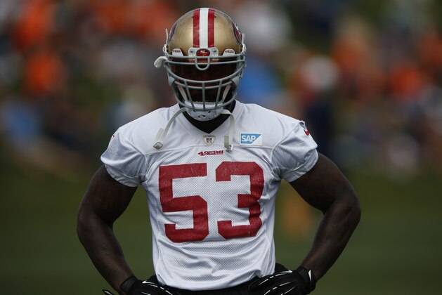 San Francisco 49ers inside linebacker NaVorro Bowman (53) before the two teams face off in an NFL football scrimmage at the Broncos' headquarters Thursday, Aug. 27, 2015, in Englewood, Colo. (AP Photo/David Zalubowski)