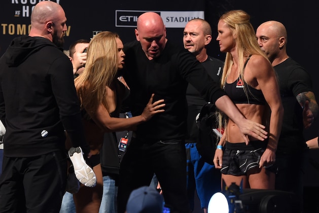 MELBOURNE, AUSTRALIA - NOVEMBER 14: (L-R) Opponents Ronda Rousey of the United States and Holly Holm of the United States face off during the UFC 193 weigh-in at Etihad Stadium on November 14, 2015 in Melbourne, Australia. (Photo by Josh Hedges/Zuffa LLC/Zuffa LLC via Getty Images)