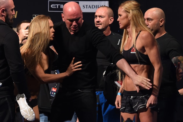 MELBOURNE, AUSTRALIA - NOVEMBER 14: (L-R) Opponents Ronda Rousey of the United States and Holly Holm of the United States face off during the UFC 193 weigh-in at Etihad Stadium on November 14, 2015 in Melbourne, Australia. (Photo by Josh Hedges/Zuffa LLC/Zuffa LLC via Getty Images)
