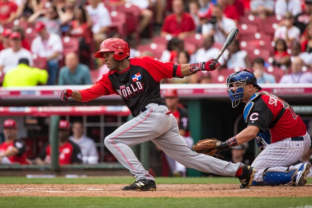 CINCINNATI, OH- JULY 12: Manuel Margot #2 of the World Team bats during the SiriusXM All-Star Futures Game at the Great American Ball Park on July 12, 2015 in Cincinnati, Ohio. (Photo by Brace Hemmelgarn/Minnesota Twins/Getty Images)