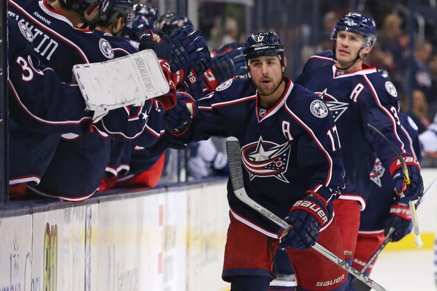 Oct 16, 2015; Columbus, OH, USA; Columbus Blue Jackets center Brandon Dubinsky (17) against the Toronto Maple Leafs at Nationwide Arena. The Leafs won 6-3. Mandatory Credit: Aaron Doster-USA TODAY Sports