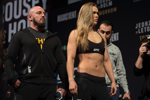 MELBOURNE, AUSTRALIA - NOVEMBER 14:  UFC women's bantamweight champion Ronda Rousey of the United States steps off the scale during the UFC 193 weigh-in at Etihad Stadium on November 14, 2015 in Melbourne, Australia. (Photo by Brandon Magnus/Zuffa LLC/Zuffa LLC via Getty Images)