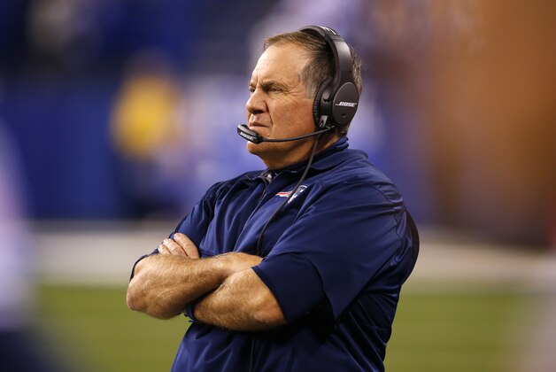 New England Patriots head coach Bill Belichick watches his team play against the Indianapolis Colts during an NFL football game in Indianapolis, Sunday, Oct. 18, 2015.  (Jeff Haynes/AP Images for Panini)