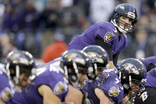 Baltimore Ravens quarterback Joe Flacco (5) looks down the lines during the second half of an NFL football game against the Jacksonville Jaguars in Baltimore, Sunday, Dec. 14, 2014. The Ravens defeated the Jaguars 20-12. (AP Photo/Patrick Semansky)