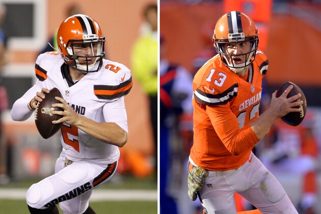 FILE - At left, in this Nov. 5, 2015, file photo, Cleveland Browns quarterback Johnny Manziel looks to pass on the run in the second half of an NFL football game against the Cincinnati Bengals, in Cincinnati. At right, in a Nov. 1, 2015, file photo, Cleveland Browns quarterback Josh McCown scrambles in the second half of an NFL football game against the Arizona Cardinals, in Cleveland. Browns coach Mike Pettine is not revealing who will start at quarterback on Sunday against the Pittsburgh Steelers. Following Friday's, Nov. 13, 2015,  practice, Pettine said he has picked a starter but hasn't told McCown or Manziel. Pettine said he's keeping his decision under wraps for strategic reasons.(AP Photo/File)