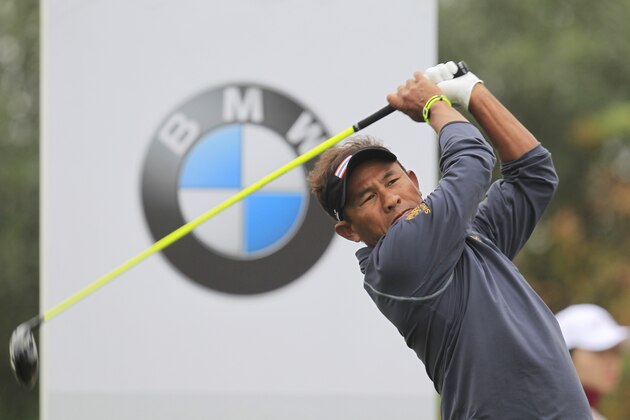 Thongchai Jaidee of Thailand tees off on the 5th hole during the second round of the BMW Masters golf tournament at the Lake Malaren Golf Club in Shanghai, China Friday, Nov. 13, 2015. (AP Photo)