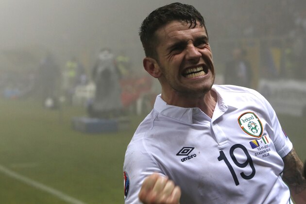 Ireland's Robbie Brady celebrate a goal during the Euro 2016 play-off first leg soccer match between Bosnia and Ireland, in Zenica, Bosnia, Friday, Nov. 13, 2015. (AP Photo/Amel Emric)