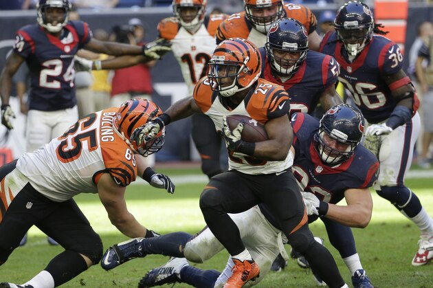 Cincinnati Bengals' Giovani Bernard (25) runs against the Houston Texans during the fourth quarter of an NFL football game, Sunday, Nov. 23, 2014, in Houston. (AP Photo/David J. Phillip)
