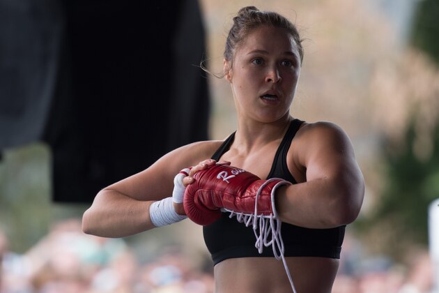 MELBOURNE, AUSTRALIA - NOVEMBER 12:  UFC women's bantamweight champion Ronda Rousey of the United States holds an open workout for fans and media at Federation Square on November 12, 2015 in Melbourne, Australia. (Photo by Brandon Magnus/Zuffa LLC/Zuffa LLC via Getty Images)