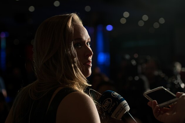 MELBOURNE, AUSTRALIA - NOVEMBER 13:  UFC women's bantamweight champion Ronda Rousey of the United States speaks to the media during the UFC 193 Ultimate Media Day festivities at Etihad Stadium on November 13, 2015 in Melbourne, Australia. (Photo by Brandon Magnus/Zuffa LLC/Zuffa LLC via Getty Images)
