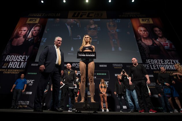 MELBOURNE, AUSTRALIA - NOVEMBER 14:  UFC women's bantamweight champion Ronda Rousey of the United States steps on the scale during the UFC 193 weigh-in at Etihad Stadium on November 14, 2015 in Melbourne, Australia. (Photo by Brandon Magnus/Zuffa LLC/Zuffa LLC via Getty Images)