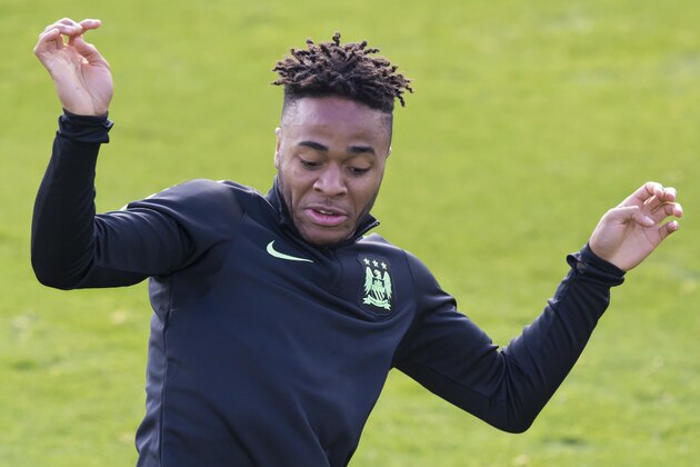 Manchester City's Raheem Sterling trains with teammates at the club's training complex near the Etihad Stadium in Manchester, England, Tuesday, Oct. 20, 2015. Manchester City will play Sevilla on Wednesday in a Champions League Group D soccer match. (AP Photo/Jon Super)