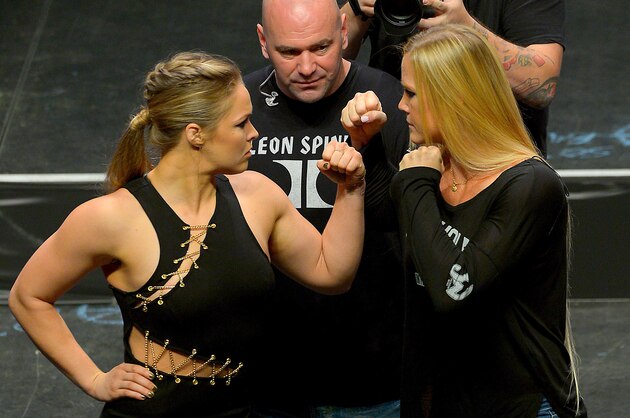 Sep 4, 2015; Las Vegas, NV, USA; UFC President Dana White looks on as Champion Ronda Rousey and challenger Holly Holm face-off at the MGM Grand Garden Arena to promote their upcoming fight, UFC 194, in Dallas, Tx. Mandatory Credit: Jayne Kamin-Oncea-USA TODAY Sports