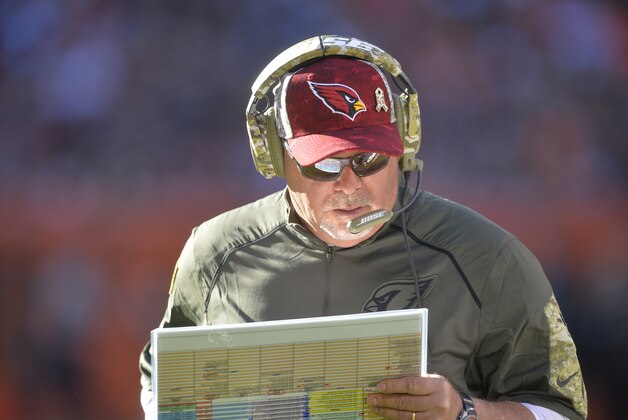Arizona Cardinals head coach Bruce Arians stands on the sideline during an NFL football game against the Cleveland Browns Sunday, Nov. 1, 2015, in Cleveland. Arizona won 34-20. (AP Photo/David Richard)