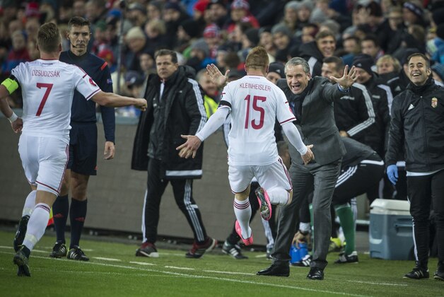 OSLO, NORWAY - NOVEMBER 12: Laslo Kleinheisler and Coach Bernd Storck of Hungary celebrate goal,  during the Euro 2016 Qualifier between Norway and Hungary at the Ullevaal Stadion  on November 12, 2015 in Oslo, Norway.  (Photo by Trond Tandberg/Getty Images)