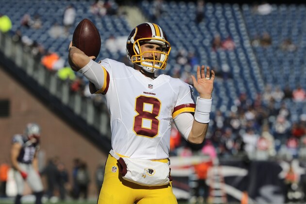 Washington Redskins quarterback Kirk Cousins (8) warms up before an NFL football game against the New England Patriots, Sunday, Nov. 8, 2015, in Foxborough, Mass. (AP Photo/Steven Senne)