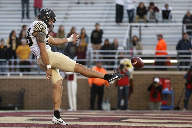 Wake Forest punter Alexander Kinal punts during the fourth quarter of an NCAA college football game against Boston College in Boston, Saturday, Oct. 10, 2015. Wake Forest won 3-0. (AP Photo/Michael Dwyer)