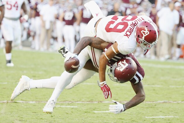COLLEGE STATION, TX - OCTOBER 17:  Minkah Fitzpatrick #29 of the Alabama Crimson Tide tackles Ricky Seals-Jones #9 of the Texas A&M Aggies in the second half of their game at Kyle Field on October 17, 2015 in College Station, Texas.  (Photo by Scott Halleran/Getty Images)
