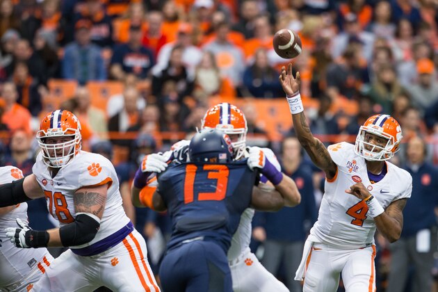 SYRACUSE, NY - NOVEMBER 14:  Deshaun Watson #4 of the Clemson Tigers passes the ball during the first quarter against the Syracuse Orange on November 14, 2015 at The Carrier Dome in Syracuse, New York.  (Photo by Brett Carlsen/Getty Images)