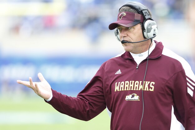 Oct 11, 2014; Lexington, KY, USA; Louisiana-Monroe Warhawks head coach Todd Berry during the game against the Kentucky Wildcats in the second half at Commonwealth Stadium. Kentucky defeated Louisiana-Monroe 48-14. Mandatory Credit: Mark Zerof-USA TODAY Sports