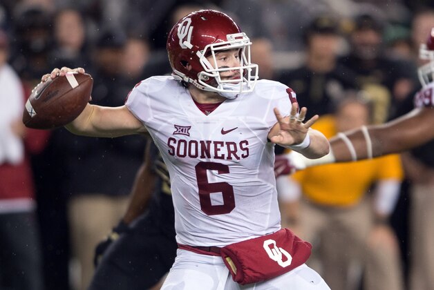 Nov 14, 2015; Waco, TX, USA; Oklahoma Sooners quarterback Baker Mayfield (6) drops back to pass against the Baylor Bears during the first half at McLane Stadium. Mandatory Credit: Jerome Miron-USA TODAY Sports