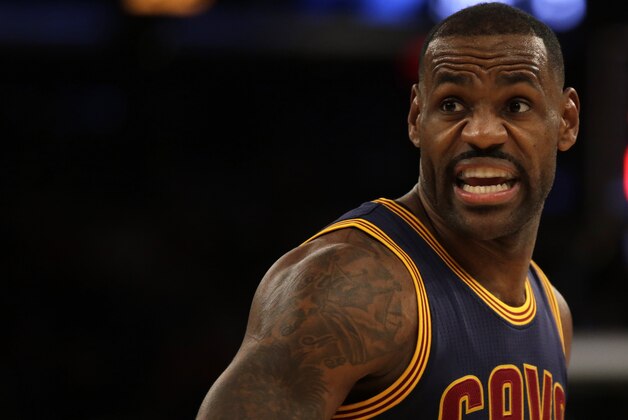 Nov 13, 2015; New York, NY, USA; Cleveland Cavaliers forward LeBron James (23) reacts against the New York Knicks during the third quarter of an NBA basketball game at Madison Square Garden. Mandatory Credit: Adam Hunger-USA TODAY Sports