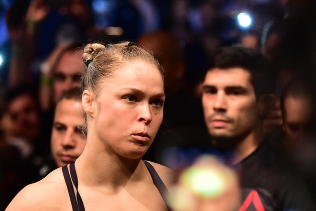 Aug 1, 2015; Rio de Janeiro, RJ, Brazil; Ronda Rousey (red gloves) looks on prior to her fight against Bethe Correia (not pictured) during UFC 190 at HSBC Arena. Mandatory Credit: Jason Silva-USA TODAY Sports