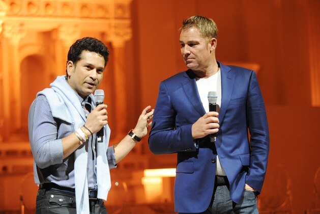 Cricket greats Sachin Tendulkar, left, and Shane Warne address the crowd during the Cricket All-Stars Cocktail Reception took place on Friday, Nov. 13, 2015, at Vibiana in Los Angeles, Calif. (Carlos Delgado/AP Images for Cricket All-Stars)