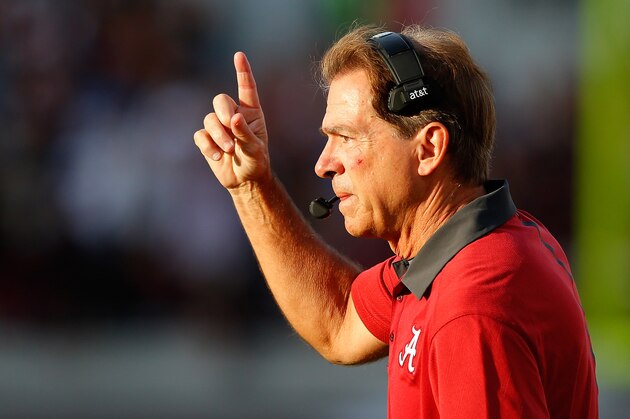 STARKVILLE, MS - NOVEMBER 14:  Head coach Nick Saban of the Alabama Crimson Tide reacts after a touchdown by Calvin Ridley #3 against the Mississippi State Bulldogs at Davis Wade Stadium on November 14, 2015 in Starkville, Mississippi.  (Photo by Kevin C. Cox/Getty Images)
