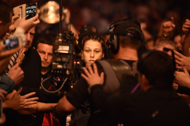 Joanna Jedrzejczyk of Poland arrives for the UFC Strawweight title fight against Valerie Letourneau of Canada in Melbourne on November 15, 2015.   RESTRICTED TO EDITORIAL USE NO ADVERTISING USE NO PROMOTIONAL USE NO MERCHANDISING USE.  AFP PHOTO/Paul CROCK        (Photo credit should read PAUL CROCK/AFP/Getty Images)