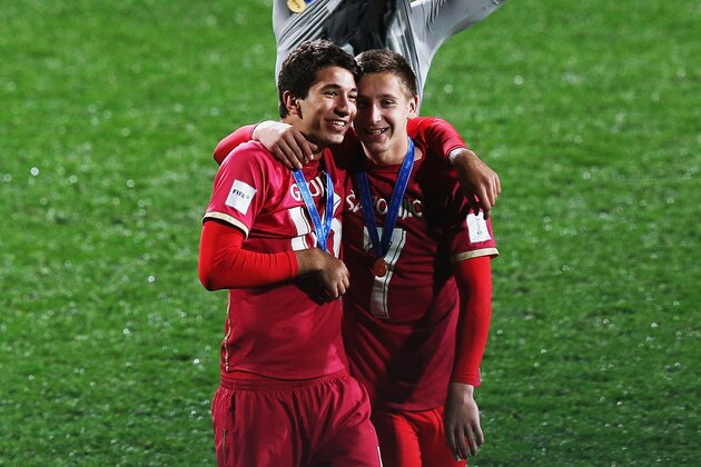 AUCKLAND, NEW ZEALAND - JUNE 20:  Marko Grujic of Serbia and Ivan Saponjic of Serbia celebrate after winning the FIFA U-20 World Cup Final match between Brazil and Serbia at North Harbour Stadium on June 20, 2015 in Auckland, New Zealand.  (Photo by Hannah Peters/Getty Images)