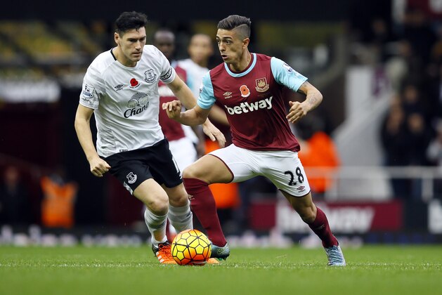West Ham United's Manuel Lanzini, right, vies for the ball with Everton's Gareth Barry during the English Premier League soccer match at the Boleyn Ground in London, Saturday, Nov. 7, 2015. (AP Photo/Kirsty Wigglesworth)