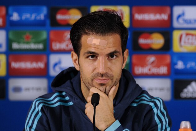 Chelsea's midfielder Cesc Fabregas attends a press conference at FC Porto’s Dragao stadium in Porto, Portugal, Monday, Sept. 28, 2015. Chelsea will play Porto on Tuesday in a Champions League Group G soccer match. (AP Photo/Paulo Duarte)