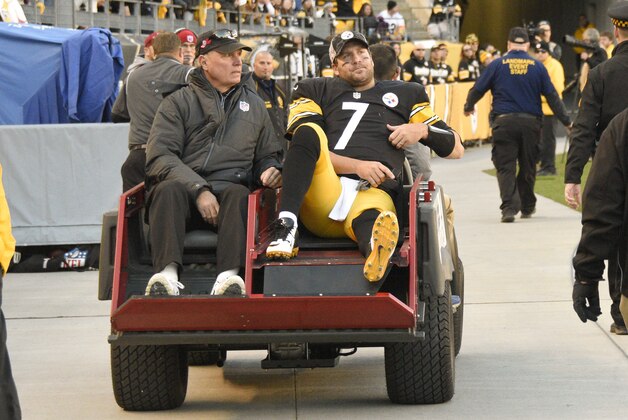 Pittsburgh Steelers quarterback Ben Roethlisberger (7) is taken away on a cart after being injured in an NFL football game against the Oakland Raiders, Sunday, Nov. 8, 2015, in Pittsburgh. (AP Photo/Don Wright)