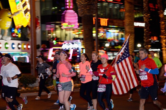 LAS VEGAS, NV - NOVEMBER 16:  Rock 'n' Roll Las Vegas Half Marathon in Las Vegas on Sunday, November 16th  benefitting the Crohns & Colitis Foundation of America. As part of the Rock 'n' Roll Running Weekend, more than 43k runners rocked the strip at night on Saturday for the inaugural 5k and on Sunday for the half marathon and marathon. Runners were treated to musical performances by Chromeo at the 5k finish line and Macklemore & Ryan Lewis at the marathon & half marathon start line festival.  (Photo by Bryan Steffy/Getty Images for Rock 'n' Roll Las Vegas Marathon)