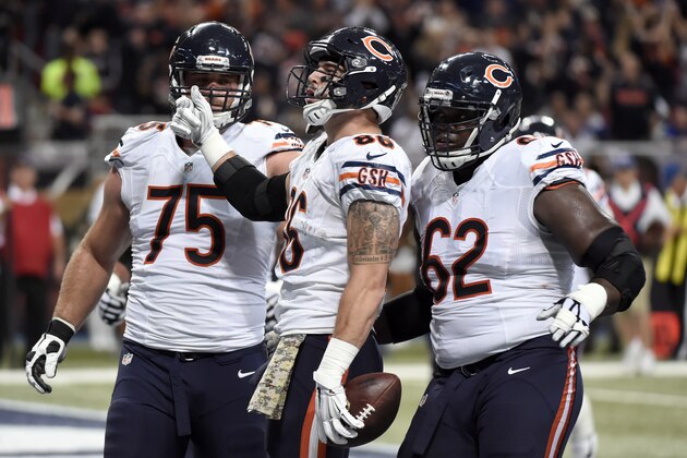 Chicago Bears tight end Zach Miller, center, celebrates with teammates Kyle Long (75) and Vladimir Ducasse after catching a 2-yard touchdown pass during the second quarter of an NFL football game against the St. Louis Rams Sunday, Nov. 15, 2015, in St. Louis. (AP Photo/L.G. Patterson)
