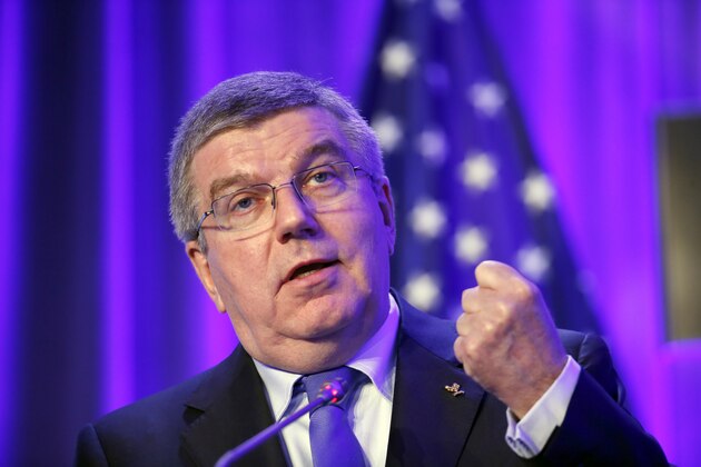 Thomas Bach, president of the International Olympic Committee, speaks during a meeting of the Association of National Olympic Committees, Thursday, Oct. 29, 2015 in Washington. The ANOC general assembly, which formally opens Thursday, is the first global event where the five cities vying for the 2024 Games are together in one place and can meet key players of the Olympic world. (AP Photo/Alex Brandon)