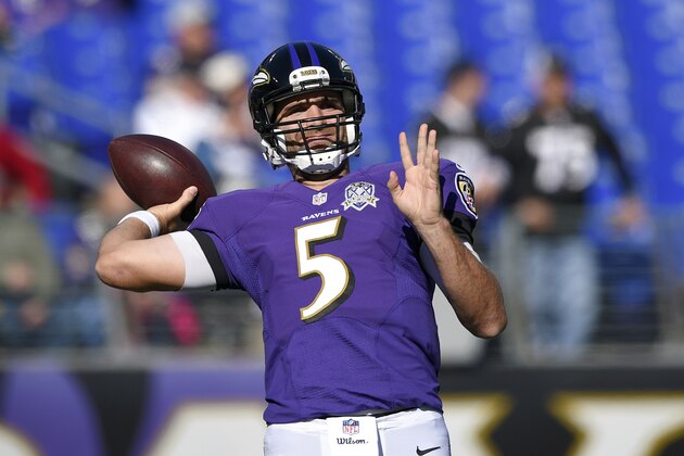 Baltimore Ravens quarterback Joe Flacco warms up before an NFL football game against the Jacksonville Jaguars, Sunday, Nov. 15, 2015, in Baltimore. (AP Photo/Nick Wass)