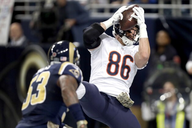 Chicago Bears tight end Zach Miller, right, catches a 2-yard touchdown pass as St. Louis Rams linebacker Daren Bates defends during the second quarter of an NFL football game Sunday, Nov. 15, 2015, in St. Louis. (AP Photo/Tom Gannam)