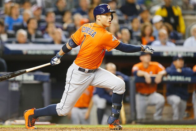 NEW YORK, NY - OCTOBER 06:  (NEW YORK DAILIES OUT)   Carlos Correa #1 of the Houston Astros in action against the New York Yankees during the American League Wild Card Game at Yankee Stadium on October 6, 2015 in the Bronx borough of New York City, New York. The Astros defeated the Yankees 3-0.  (Photo by Jim McIsaac/Getty Images)
